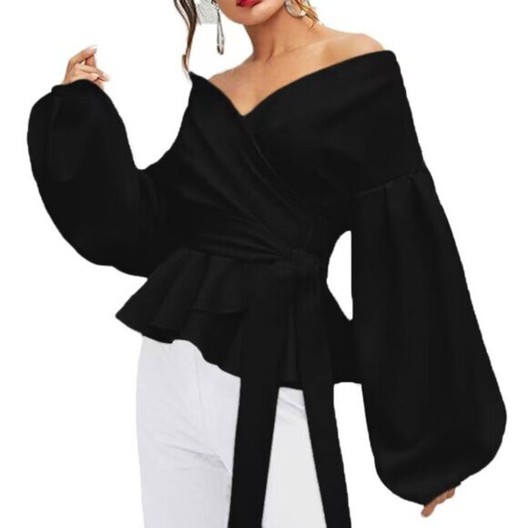 Black Preppy Women Lantern Sleeve Surplice Belted Peplum Off The Shoulder Blouse - Picture 1 of 6